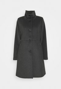 Ciemnoszary wełniany płaszcz z wysokim kołnierzem, pięcioma guzikami z przodu i długimi rękawami. Posiada dopasowaną sylwetkę i boczne kieszenie.