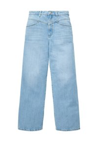 Jean denim bleu clair à jambes larges, taille haute, bouton sur le devant et passants pour ceinture, présenté à plat sur fond blanc.
