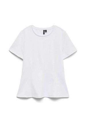 T-shirt blanc à manches courtes avec encolure ronde, ourlet légèrement évasé et étiquette de vêtement à l'intérieur du col.