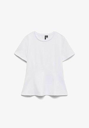 T-shirt blanc à manches courtes avec encolure ronde, ourlet légèrement évasé et étiquette de vêtement à l'intérieur du col.