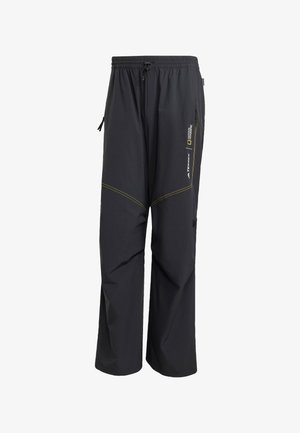 Sorte udendørsbukser lavet af letvægtsmateriale, med snøre i taljen, sidelommer og gule syninger.