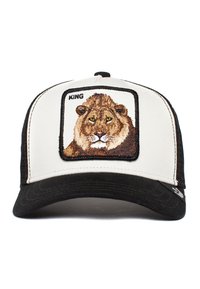 Black and white trucker cap featuring an embroidered lion patch with the word "KING" above. Soft fabric with a structured fit and a curved brim.