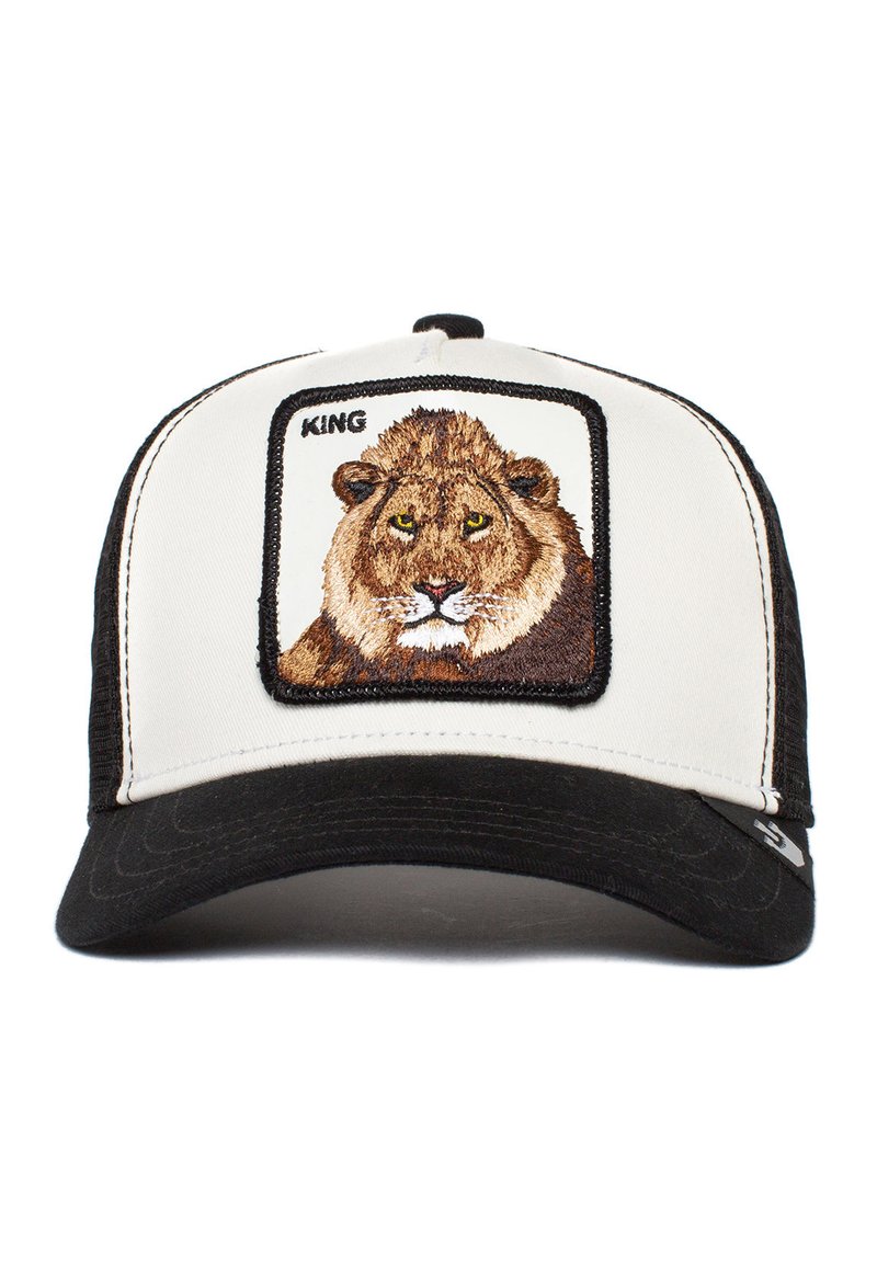 Black and white trucker cap featuring an embroidered lion patch with the word "KING" above. Soft fabric with a structured fit and a curved brim.