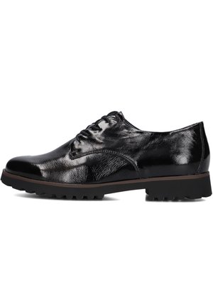 Schwarze Kunstleder-Schuhe mit glänzender Oberfläche, abgerundeter Zehenpartie, Schnürdesign und einer strukturierten Gummisohle mit einem robusten Profil.