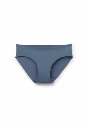 Blauwe bikini slip van stof met een gladde textuur, met een middelhoge pasvorm en geen zichtbare patronen of hardware. Klassiek snit en elastisch materiaal.