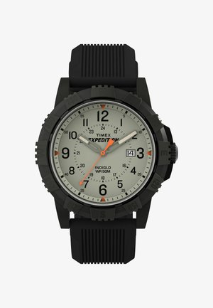 Black Timex Expedition watch with a round gray dial, white markers, black hour, and minute hands, and an orange second hand. Rubber strap.