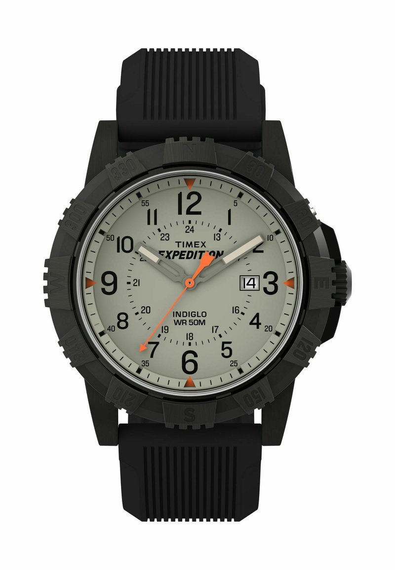 Orologio Timex Expedition nero con quadrante rotondo grigio, indicatori bianchi, lancette delle ore e dei minuti nere e lancetta dei secondi arancione. Cinturino in gomma.