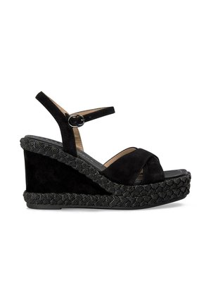 Schwarze Keilsandaletten mit weichem Wildlederobermaterial, verstellbarem Schnallenriemen und strukturiertem geflochtenem Espadrillesohle.