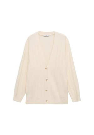 Cardigan crem cu decolteu în V, textură ribbed, mâneci lungi și cinci nasturi la închidere în față.