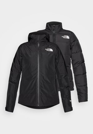 Black jackets from The North Face, featuring a zip front, high collar, and logo accents. One has a detachable hood and puffy texture.