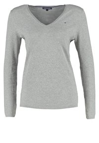 Pull tricot gris à manches longues, encolure en V et détail logo subtil sur la poitrine gauche. Texture douce avec poignets et ourlet côtelés.