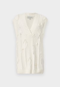 Gilet sans manches tricoté de couleur crème avec encolure en V et détails de broderie florale en relief.
