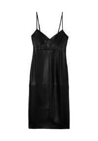 Schwarzes Leder-Top mit dünnen verstellbaren Trägern, anliegendem Schnitt und einer eleganten, glatten Textur. Hat ein gerades Dekolleté und ein minimalistisches Design.