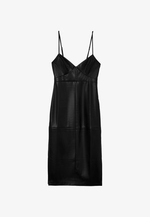 Schwarzes Leder-Top mit dünnen verstellbaren Trägern, anliegendem Schnitt und einer eleganten, glatten Textur. Hat ein gerades Dekolleté und ein minimalistisches Design.