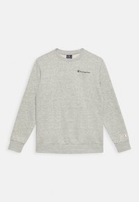 Felpa grigia in tessuto morbido, con scollo rotondo, maniche lunghe e un piccolo logo nero sul petto. Orli con polsini.