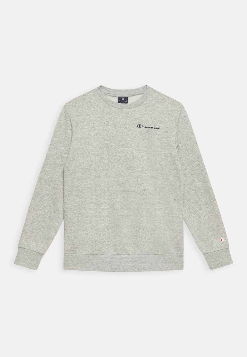 Felpa grigia in tessuto morbido, con scollo rotondo, maniche lunghe e un piccolo logo nero sul petto. Orli con polsini.