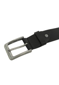 Black leather belt with a textured surface and a silver-toned rectangular buckle. Features a snap accent near the buckle.