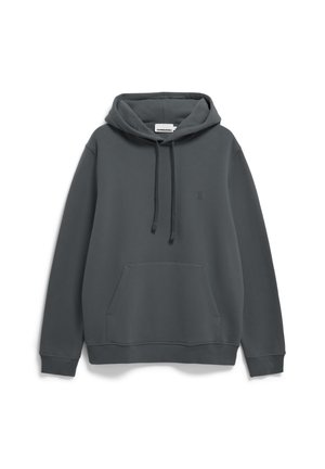 Grau Kapuzenpullover aus weichem, strukturiertem Stoff. Mit einer vorderen Kängurutasche, einem Zugband und einem kleinen Logo auf der Brust.