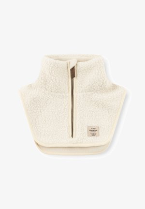 Cremefarbener Sherpa-Fleece-Halswärmer mit Frontreißverschluss und Markenlabel an der unteren rechten Seite.