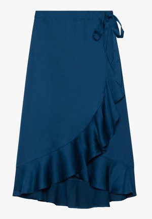 Mėlyna apynasrio sijonas su raukšlėtu kraštu, pagamintas iš lygaus audinio. Jame yra šoninės rišamos detalės ir sluoksnių dizainas, kuris suteikia tekstūros ir judėjimo.