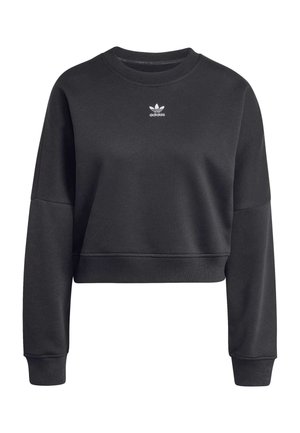 Hanorac negru scurt, cu manșete și guler cu tiv elastic. Are un logo alb Adidas pe piept. Textură netedă și moale.