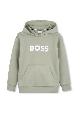 Sweat à capuche vert clair avec poche avant et texte blanc « "BOSS" » centré sur la poitrine.