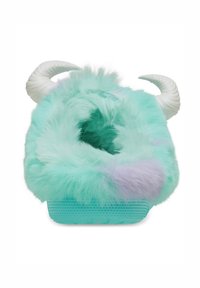 Mintgroene pluche slof met nepbont, voorzien van witte gemolde hoorns en een textuur van turkooise zool. Het interieur heeft zachte, contrasterende lavendeltinten.