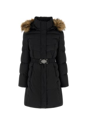 Schwarze Pufferjacke mit abnehmbarem Kunstfellkragen, tailliertem Design und seitlichen Taschen. Verfügt über eine gesteppten Struktur und einen hohen Kragen.