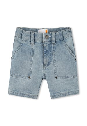 Shorts in denim blu chiaro. Presentano tasche frontali e posteriori, chiusura con bottone e un taglio dritto. Tessuto leggermente scolorito.