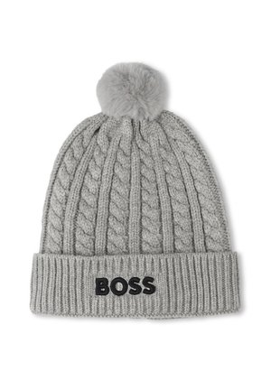 Gray knitted winter hat with cable pattern, pom-pom on top, and "BOSS" embroidered in black on the folded cuff.