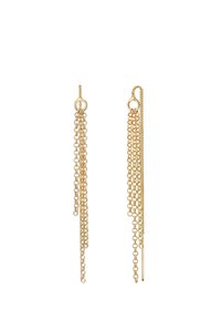 Orecchini d'oro pendenti caratterizzati da più fili di catena di lunghezze diverse, con un elegante accento metallico alla fine di ciascun filo.