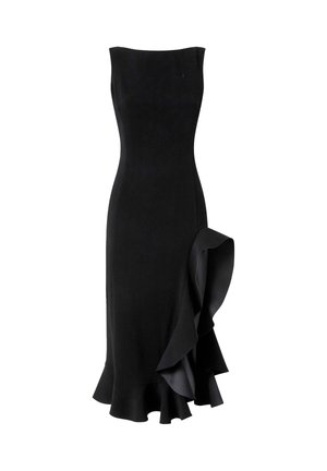 Abito nero senza maniche con corpetto aderente e dettaglio di orlo arricciato, caratterizzato da un accentuato risvolto laterale per aggiungere texture e forma.