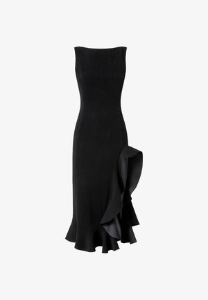 Abito nero senza maniche con corpetto aderente e dettaglio di orlo arricciato, caratterizzato da un accentuato risvolto laterale per aggiungere texture e forma.