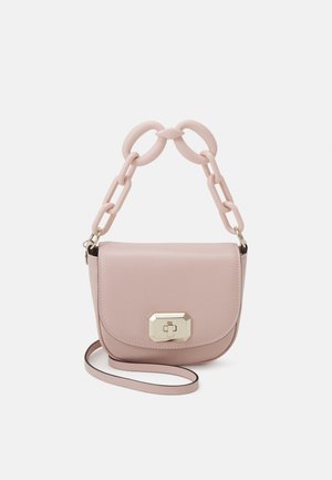 Pink leather handbag with a flap closure and gold hardware. Features a chunky chain strap and a smooth texture. Compact design.