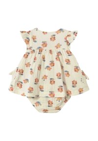 Vestido floral con mangas flotantes, hecho de una tela suave. Presenta un fondo color crema claro con flores rosas, azules y naranjas. Incluye bolsillos.