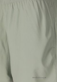 Gros plan sur un short gris clair avec une ceinture élastique et le logo "ENDURANCE" imprimé près de l'ourlet inférieur sur la jambe droite.