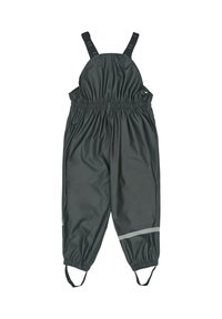 Combinaison de travail imperméable gris foncé avec bretelles réglables, taille élastique et bande réfléchissante à l'ourlet. Tissu lisse et léger.