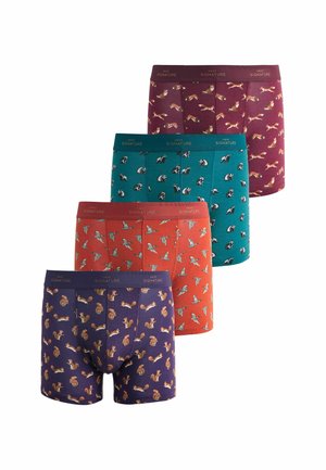 Four pairs of men's boxer briefs in burgundy, teal, orange, and navy, each with different animal patterns: foxes, badgers, birds, and squirrels.