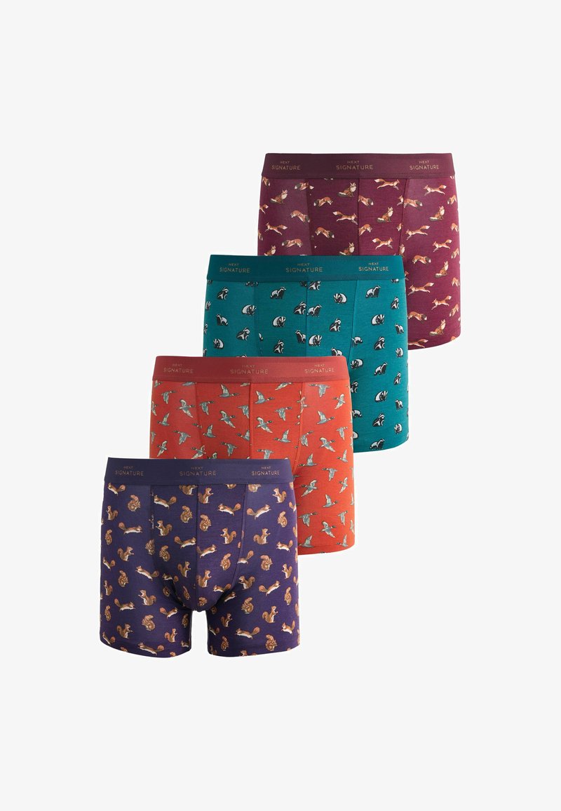 Four pairs of men's boxer briefs in burgundy, teal, orange, and navy, each with different animal patterns: foxes, badgers, birds, and squirrels.