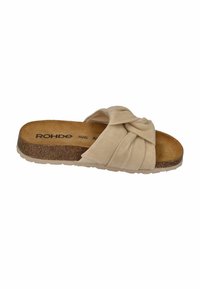 Beige slide sandal with a knotted suede upper, contoured cork footbed, and textured rubber outsole. Simple design with minimal embellishments.