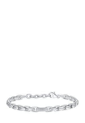Silver bracelet featuring interlinked chain design, smooth texture, and a central, clear gemstone-accented link. Lobster clasp closure.