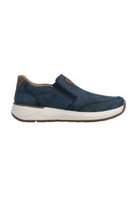 Navy blue slip-on shoe with a textured suede finish, elastic side panels, tan accents, and a white cushioned sole.