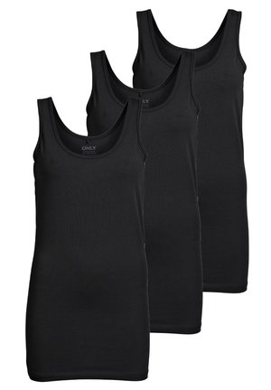 Three black tank tops made of stretchy fabric. They feature wide shoulder straps and a rounded neckline, designed for a fitted silhouette.