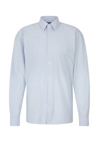Helles blau-weißer gestreifter Langarmhemd, mit Knopfleiste, einer Brusttasche, klassischem Kragen und umgeschlagenen Ärmeln.