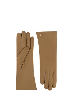 Brown leather gloves with a smooth texture, tapered fingers, and a wrist-length design. Features a small gold emblem on one glove.