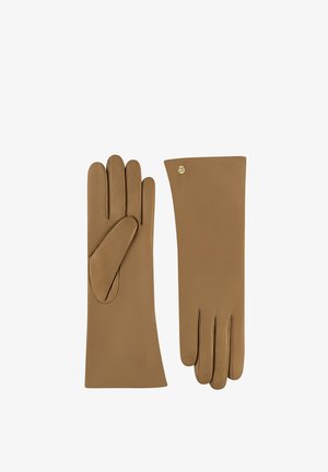 Brown leather gloves with a smooth texture, tapered fingers, and a wrist-length design. Features a small gold emblem on one glove.