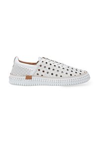 White perforated sneaker with geometric cutouts, rounded toe, textured sole, tan leather accents, and contrasting stitching.