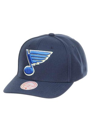 Navy baseball cap made of fabric, featuring a blue and yellow embroidered musical note logo. Curved brim with a circular tag at the base.