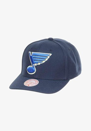 Navy baseball cap made of fabric, featuring a blue and yellow embroidered musical note logo. Curved brim with a circular tag at the base.