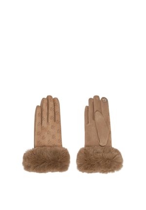 Coppia di guanti in suede marrone con polsini in pelliccia, uno mostra il retro con piccolo logo ripetuto, l’altro mostra il palmo con un piccolo dettaglio a fiore.